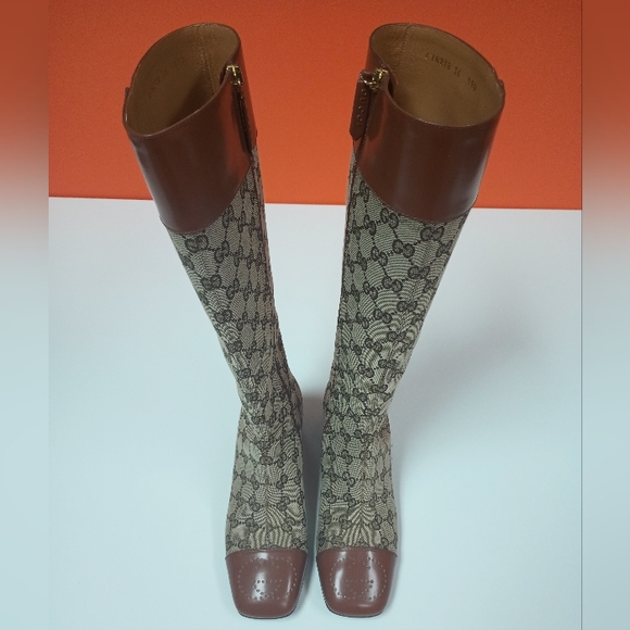 GUCCI Monogram Cordovan Lux GG Knee High Boots 36 Beige Cuir - Picture 2 of 12
